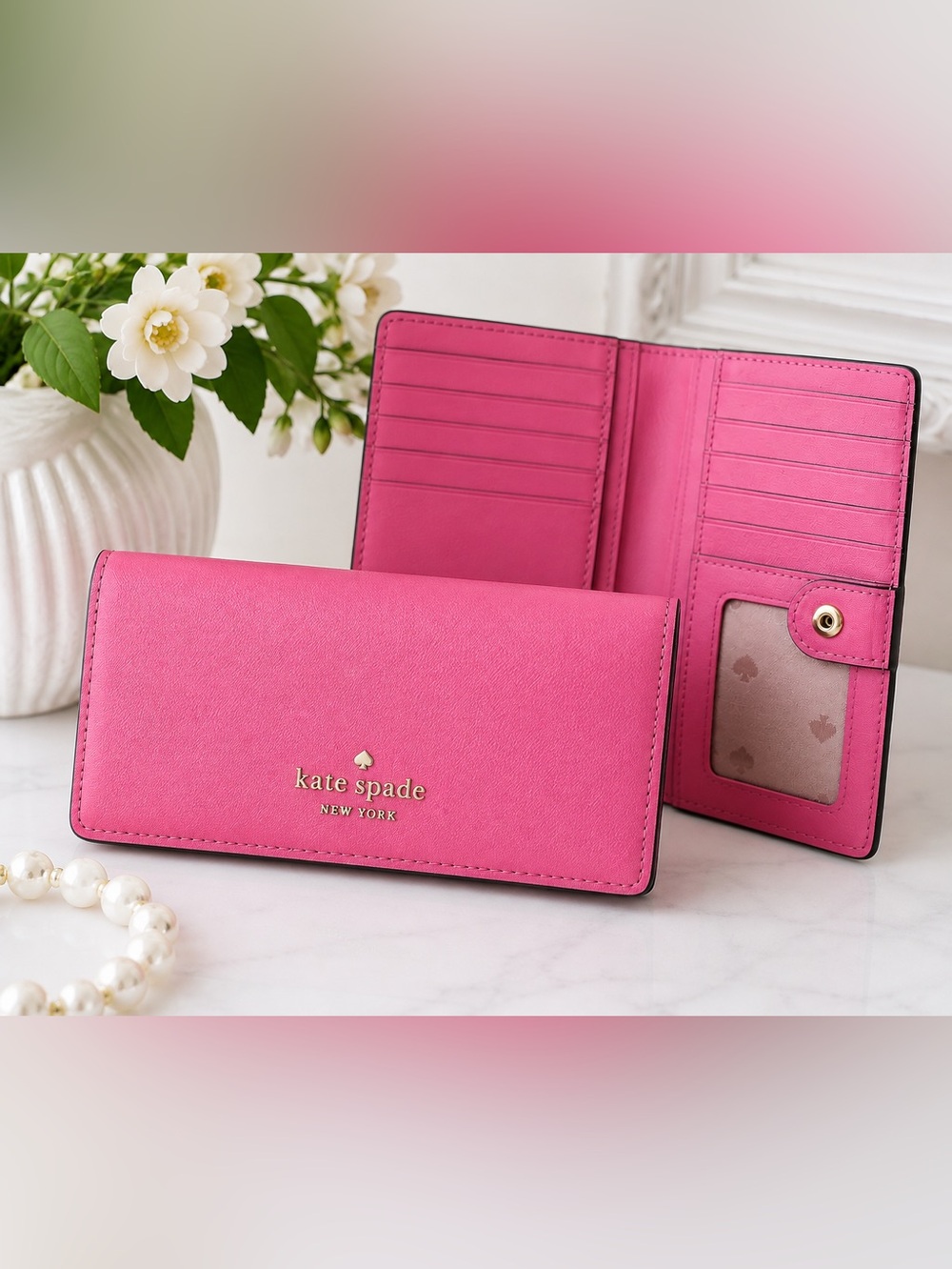 Kate Spade Pink Continental Snap Wallet Card Holder ID Zip Pocket